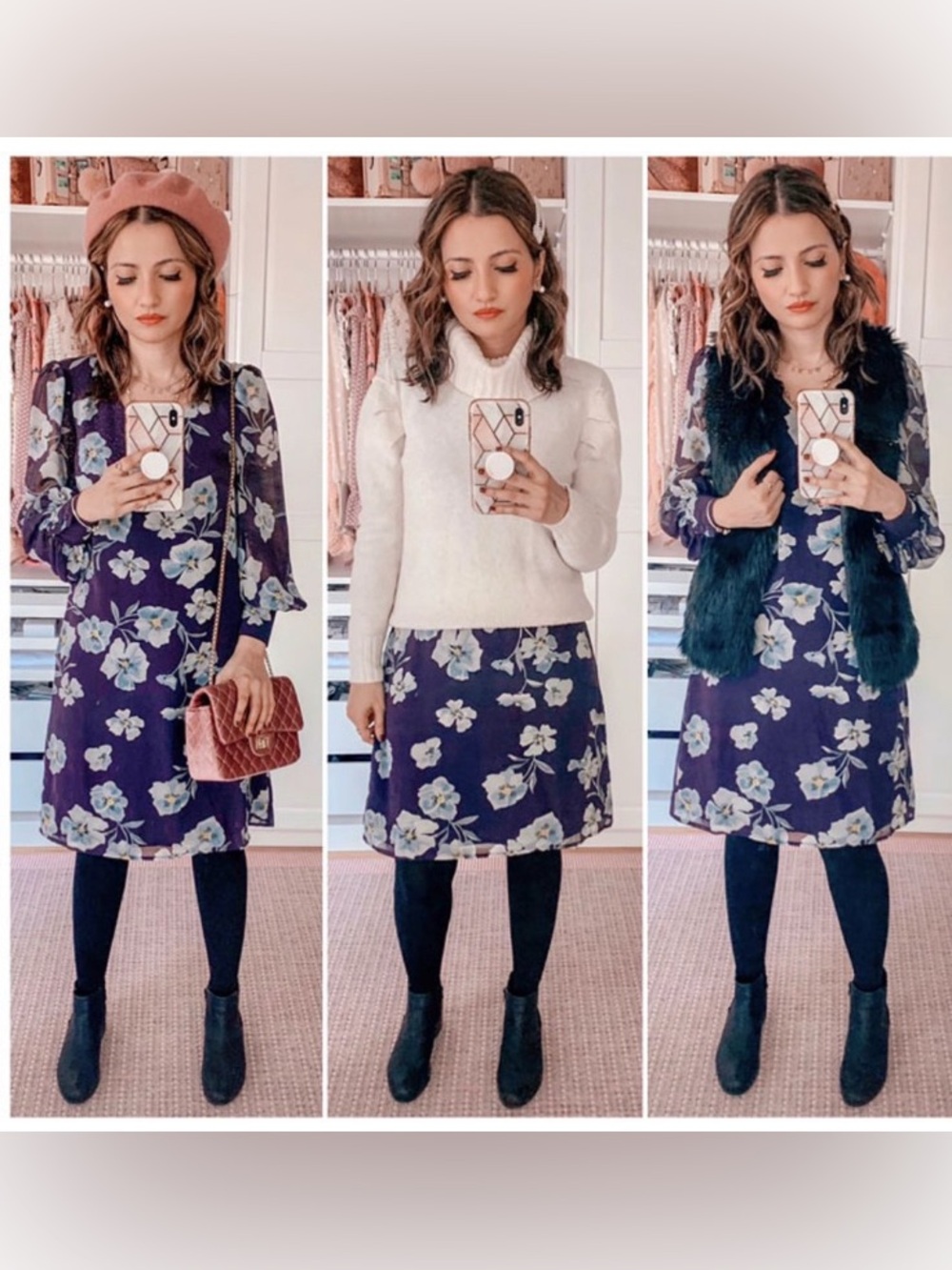 CAbi Purple and Blue Floral Ellery Dress V-Neck Long-Sleeve, 4018, Size Small